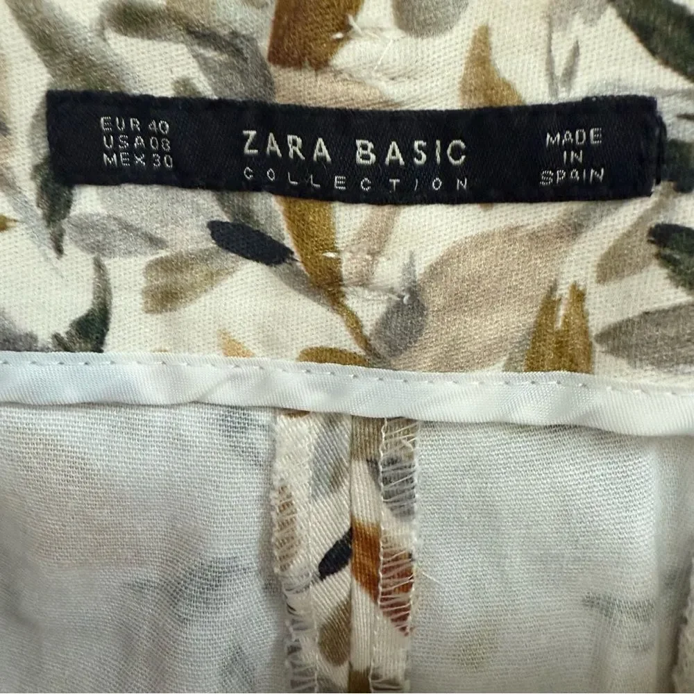 Zara Basic Floral Leaf Print Slim Leg Trousers Size 8 Earth Tone Boho Chic